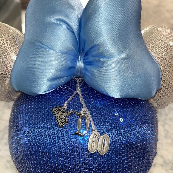 Disney Disneyland 60th Anniversary Blue Sequin And Satin Minnie Mouse Ears - Picture 2 of 3